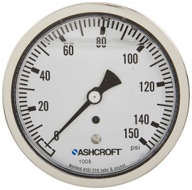 Ashcroft 1008 Pressure Gauge, 0 to 150 psi, 4&amp;quot; dial, &amp;frac14;&amp;quot; NPT male lower back, SS housing-