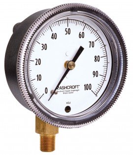 Ashcroft 1490 Pressure Gauge, 0/100 &amp;quot;H&lt;sub&gt;2&lt;/sub&gt;O, 2.5&amp;quot; dial, &amp;frac14;&amp;quot; NPT male center back, black, glass filled polysulfone-