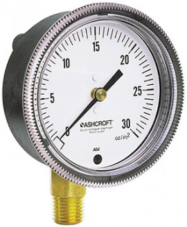 Ashcroft 1490 Pressure Gauge, 0 to 10 psi, 2.5&amp;quot; dial, &amp;frac14;&amp;quot; NPT male lower, black, glass filled polysulfone-