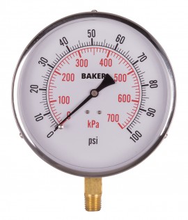 Baker 421AVND Series Pressure Gauge, 0 to 100 psi/0 to 700 kPa, 4.5&amp;quot; dial, &amp;frac14;&amp;quot; NPT bottom, SS housing-