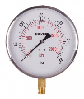 Baker 421AVND Series Pressure Gauge, 0 to 300 psi/0 to 2100 kPa, 4.5&amp;quot; dial, &amp;frac14;&amp;quot; NPT bottom, SS housing-