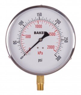 Baker 421AVND Series Pressure Gauge, 0 to 300 psi/0 to 2100 kPa, 4.5&amp;quot; dial, &amp;frac14;&amp;quot; NPT bottom, SS housing-