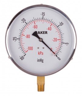 Baker 421AVND Series Pressure Gauge, 30&amp;quot;Hg-0&amp;quot; V AC, 4.5&amp;quot; dial, &amp;frac14;&amp;quot; NPT bottom, SS housing-