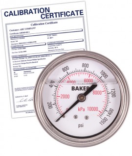 Baker AHNC Series Liquid Filled Pressure Gauge, 0 to 1500 psi/0 to 10,500 kPa, 2.5&amp;quot; dial, &amp;frac14;&amp;quot; NPT back, SS housing,-