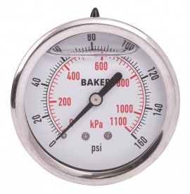 Baker AHNC Series Liquid Filled Pressure Gauge, 0 to 160 psi/0 to 1100 kPa, 2.5&amp;quot; dial, &amp;frac14;&amp;quot; NPT back, SS housing-