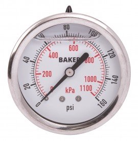 Baker AHNC Series Liquid Filled Pressure Gauge, 0 to 160 psi/0 to 1100 kPa, 2.5&amp;quot; dial, &amp;frac14;&amp;quot; NPT back, SS housing-