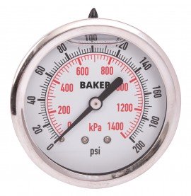 Baker AHNC Series Liquid Filled Pressure Gauge, 0 to 200 psi/0 to 1400 kPa, 2.5&amp;quot; dial, &amp;frac14;&amp;quot; NPT back, SS housing-