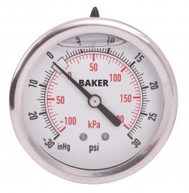 Baker AHNC Series Liquid Filled Pressure Gauge, 30&amp;quot;Hg-0 to 30 psi, 2.5&amp;quot; dial, &amp;frac14;&amp;quot; NPT back, SS housing-