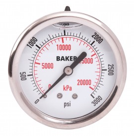 Baker AHNC Series Liquid Filled Pressure Gauge, 0 to 3000 psi/0 to 21,000 kPa, 2.5&amp;quot; dial, &amp;frac14;&amp;quot; NPT back, SS housing-