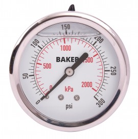 Baker AHNC Series Liquid Filled Pressure Gauge, 0 to 300 psi/0 to 2100 kPa, 2.5&amp;quot; dial, &amp;frac14;&amp;quot; NPT back, SS housing-