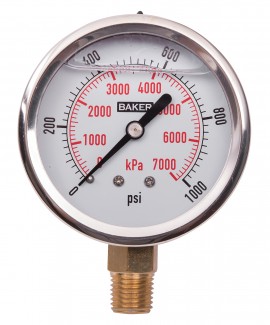 Baker AVNC Series Liquid Filled Pressure Gauge, 0 to 1000 psi/0 to 7000 kPa, 2.5&amp;quot; dial, &amp;frac14;&amp;quot; NPT bottom, SS housing-