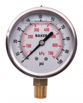 Baker AVNC Series Liquid Filled Pressure Gauge, 0 to 100 psi/0 to 700 kPa, 2.5&amp;quot; dial, &amp;frac14;&amp;quot; NPT bottom, SS housing-