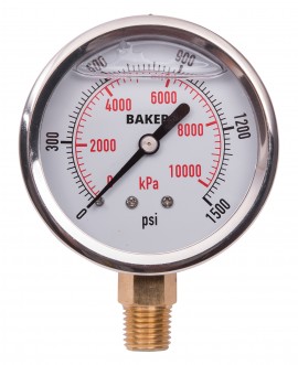 Baker AVNC Series Liquid Filled Pressure Gauge, 0 to 1500 psi/0 to 10,500 kPa, 2.5&amp;quot; dial, &amp;frac14;&amp;quot; NPT bottom, SS housing-