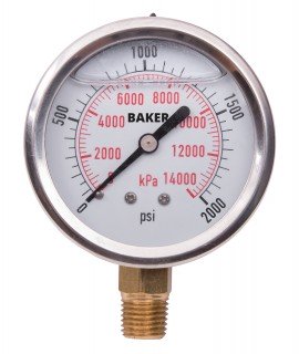 Baker AVNC Series Liquid Filled Pressure Gauge, 0 to 2000 psi/0 to 14,000 kPa, 2.5&amp;quot; dial, &amp;frac14;&amp;quot; NPT bottom, SS housing-