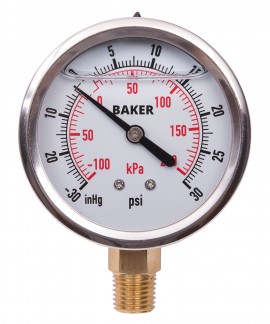 Baker AVNC Series Liquid Filled Pressure Gauge, 30&amp;quot;Hg-0 to 30 psi, 2.5&amp;quot; dial, &amp;frac14;&amp;quot; NPT bottom, SS housing-