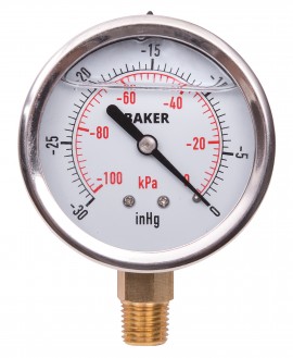 Baker AVNC Series Liquid Filled Pressure Gauge, 30&amp;quot;Hg-0&amp;quot; V AC, 2.5&amp;quot; dial, &amp;frac14;&amp;quot; NPT bottom, SS housing-