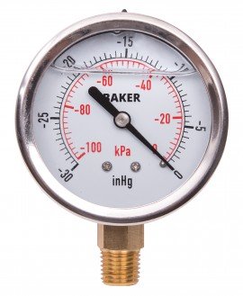 Baker AVNC Series Liquid Filled Pressure Gauge, 30&amp;quot;Hg-0&amp;quot; V AC, 2.5&amp;quot; dial, &amp;frac14;&amp;quot; NPT bottom, SS housing-