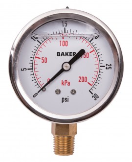 Baker AVNC Series Liquid Filled Pressure Gauge, 0 to 30 psi/0 to 200 kPa, 2.5&amp;quot; dial, &amp;frac14;&amp;quot; NPT bottom, SS housing-