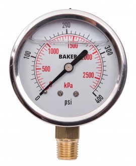 Baker AVNC Series Liquid Filled Pressure Gauge, 0 to 400 psi/0 to 2800 kPa, 2.5&amp;quot; dial, &amp;frac14;&amp;quot; NPT bottom, SS housing-