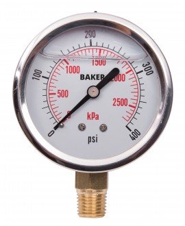 Baker AVNC Series Liquid Filled Pressure Gauge, 0 to 400 psi/0 to 2800 kPa, 2.5&amp;quot; dial, &amp;frac14;&amp;quot; NPT bottom, SS housing-