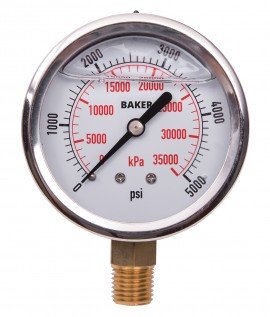 Baker AVNC Series Liquid Filled Pressure Gauge, 0 to 5000 psi/0 to 35,000 kPa, 2.5&amp;quot; dial, &amp;frac14;&amp;quot; NPT bottom, SS housing-