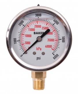 Baker AVNC Series Liquid Filled Pressure Gauge, 0 to 6000 psi/0 to 42,000 kPa, 2.5&amp;quot; dial, &amp;frac14;&amp;quot; NPT bottom, SS housing-