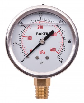 Baker AVNC Series Liquid Filled Pressure Gauge, 0 to 60 psi/0 to 400 kPa, 2.5&amp;quot; dial, &amp;frac14;&amp;quot; NPT bottom, SS housing-