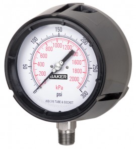 Baker LF45 Series Liquid Filled Pressure Gauge, 30&amp;quot;-0 to 15 psi, 4.5&amp;quot; dial, &amp;frac12;&amp;quot; NPT bottom, impact resistant phenolic case-