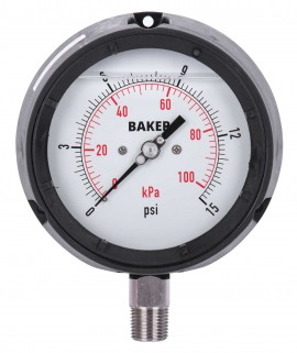 Baker LF45 Series Liquid Filled Pressure Gauge, 0 to 15 psi/0 to 100 kPa, 4.5&amp;quot; dial, &amp;frac14;&amp;quot; NPT bottom, impact resistant phenolic case-