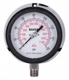 Baker LF45 Series Liquid Filled Pressure Gauge, 0 to 160 psi/0 to 1100 kPa, 4.5&amp;quot; dial, &amp;frac12;&amp;quot; NPT bottom, impact resistant phenolic case-