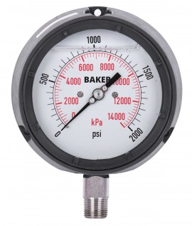 Baker LF45 Series Liquid Filled Pressure Gauge, 0 to 2000 psi/0 to 14,000 kPa, 4.5&amp;quot; dial, &amp;frac12;&amp;quot; NPT bottom, impact resistant phenolic case-