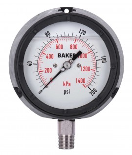 Baker LF45 Series Liquid Filled Pressure Gauge, 0 to 200 psi/0 to 1400 kPa, 4.5&amp;quot; dial, &amp;frac12;&amp;quot; NPT bottom, impact resistant phenolic case-