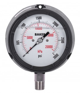 Baker LF45 Series Liquid Filled Pressure Gauge, 0 to 3000 psi/0 to 21,000 kPa, 4.5&amp;quot; dial, &amp;frac12;&amp;quot; NPT bottom, impact resistant phenolic case-