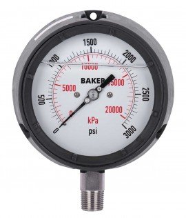 Baker LF45 Series Liquid Filled Pressure Gauge, 0 to 3000 psi/0 to 21,000 kPa, 4.5&amp;quot; dial, &amp;frac14;&amp;quot; NPT bottom, impact resistant phenolic case-