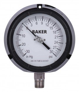 Baker LF45 Series Liquid Filled Pressure Gauge, 30&amp;quot;-0 to 30 psi, 4.5&amp;quot; dial, &amp;frac14;&amp;quot; NPT bottom, impact resistant phenolic case-