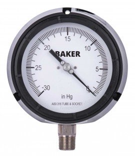 Baker LF45 Series Liquid Filled Pressure Gauge, 30&amp;quot;-0 Hg V AC, 4.5&amp;quot; dial, &amp;frac14;&amp;quot; NPT bottom, impact resistant phenolic case-