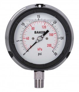 Baker LF45 Series Liquid Filled Pressure Gauge, 0 to 30 psi/0 to 200 kPa, 4.5&amp;quot; dial, &amp;frac14;&amp;quot; NPT bottom, impact resistant phenolic case-