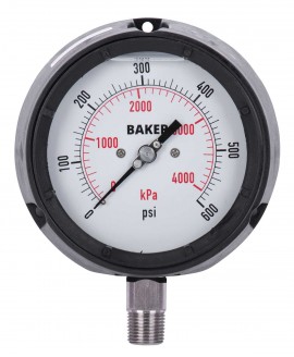 Baker LF45 Series Liquid Filled Pressure Gauge, 0 to 600 psi/0 to 4200 kPa, 4.5&amp;quot; dial, &amp;frac12;&amp;quot; NPT bottom, impact resistant phenolic case-