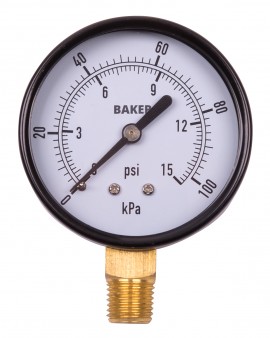 Baker LVBNA Series Pressure Gauge, 0 to 15 psi/0 to 100 kPa, 2.5&amp;quot; dial, &amp;frac14;&amp;quot; NPT bottom, SS housing-