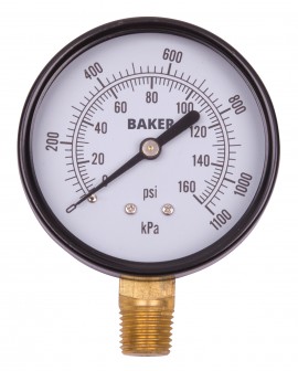 Baker LVBNA Series Pressure Gauge, 0 to 160 psi/0 to 1100 kPa, 2.5&amp;quot; dial, &amp;frac14;&amp;quot; NPT bottom, SS housing-