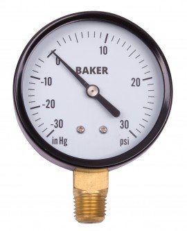 Baker LVBNA Series Pressure Gauge, 30"Hg-0 to 30 psi, 2.5&amp;quot; dial, &amp;frac14;&amp;quot; NPT bottom, SS housing-