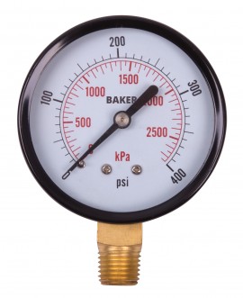 Baker LVBNA Series Pressure Gauge, 0 to 400 psi/0 to 2800 kPa, 2.5&amp;quot; dial, &amp;frac14;&amp;quot; NPT bottom, SS housing-