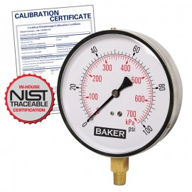 Baker 421AVND Series Pressure Gauge, 0 to 100 psi/0 to 700 kPa, 4.5&amp;quot; dial, &amp;frac14;&amp;quot; NPT bottom, SS housing,-