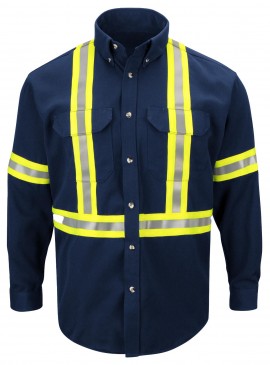 Bulwark SLUC Men's Midweight FR Enhanced Visibility Uniform Shirt with reflective trim, navy, medium-