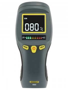 General Tools MM8 Pinless LCD Moisture Meter with tricolor bar graph, white-on-black screen-