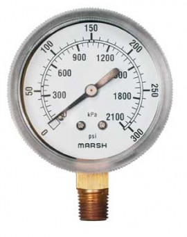 Marsh J4612 General Service Gauge, 2.5&amp;quot; Dial, 30&amp;quot; Hg Vac to 30 psi, 1/4&amp;quot; NPT Lower-
