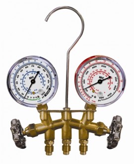 Mastercool 33103-MRG Metric Brass Manifold with &amp;frac14;&amp;quot; (6.35 mm) MFL, gauge guards-