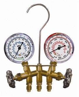 Mastercool 33103-MRG Metric Brass Manifold with &amp;frac14;&amp;quot; (6.35 mm) MFL, gauge guards-