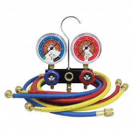 Mastercool 51336 2-Way Aluminum Manifold Gauge Set with 36" ball valve hoses, standard 1/4" SAE fittings, R454B, R410A, and R32-