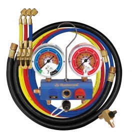 Mastercool 51461 3-Way Aluminum Ball Valve Manifold Gauge Set with 60" hoses, 1/4" SAE fittings, R454B, R410A, and R32-
